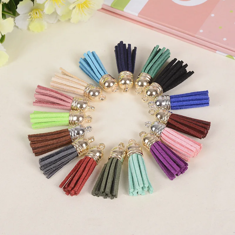 10pcs/lot multicolor mixed Suede Tassel For Keychain Cellphone Straps Charms 38mm Full Leather Tassels gold-color Caps randomly