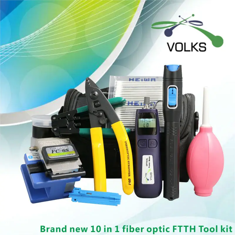 

10 In 1 Fiber Optic FTTH Tool Kit with FC-6S Fiber Cleaver -50~+26dBm Optical Power Meter 5km Visual Fault Locator Air Blower