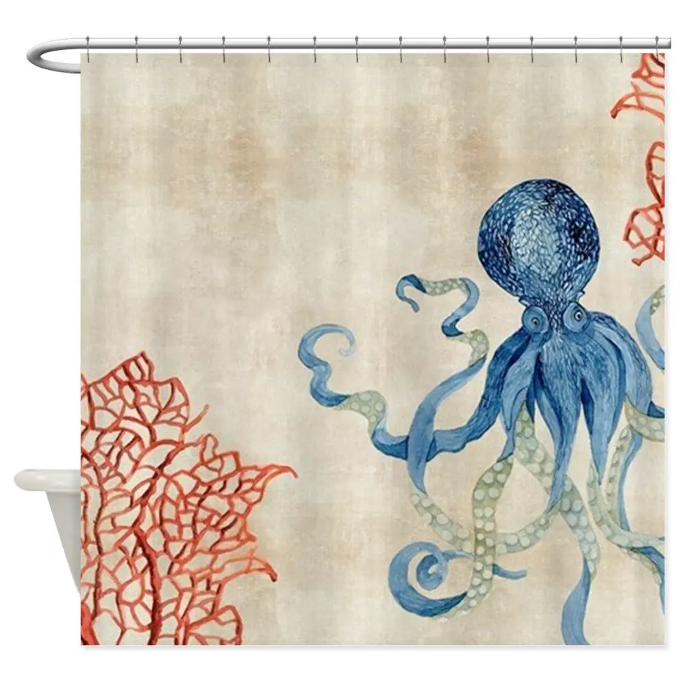 Custom Indigo Ocean Coral Octopus N Red Coral Decorative Fabric Shower Curtain