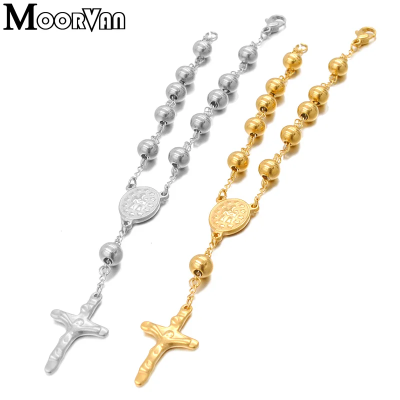 Moorvan 22cm*8mm beads rosary Bracelet For Men,cross Catholic church Stainless steel jewelry classical style,VRN20