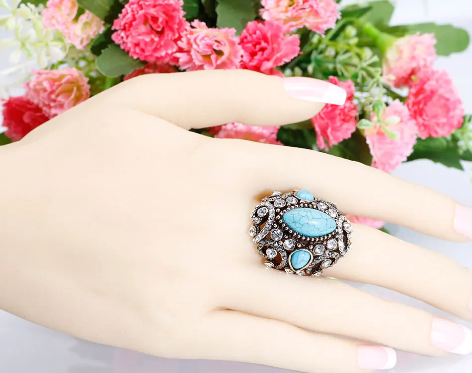 SUNSPICE ms Big Antique Rings For Women Blue Natural Stone Vintage Wedding Engagement Crystal Rings Jewelry Retro Gold Color New