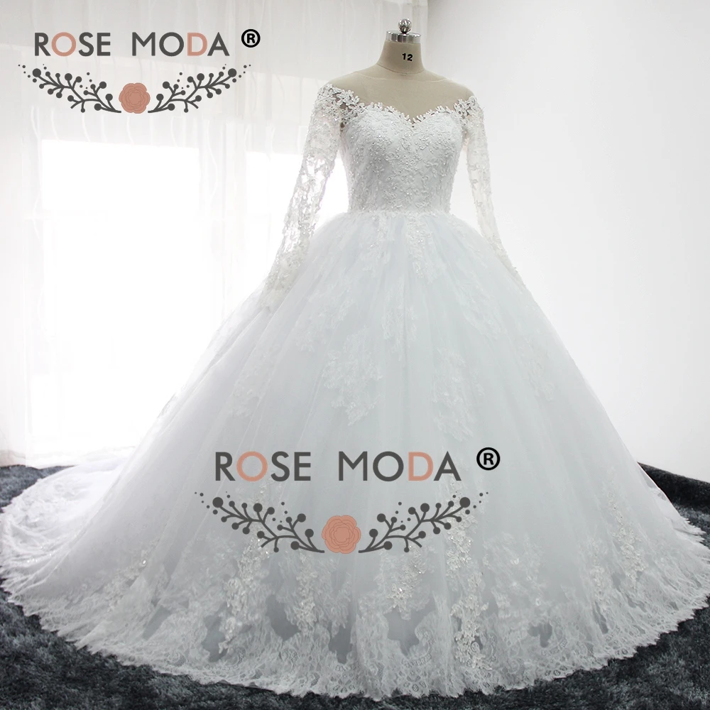 Rose Moda Long Sleeves Puffy Lace Wedding Dresses with Ball Skirt Real Photos Custom Make