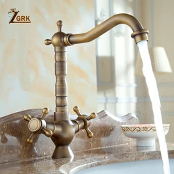 ZGRK Dual Handles Basin Faucet Brass Bronze Finished Mixer Taps 360 Rotation Antique Bath Sink Faucet Deck Mounted Water Taps