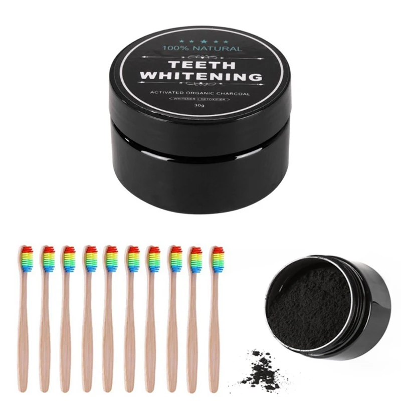 

Teeth Whitening Scaling Powder Oral Hygiene Cleaning Packing Premium Activated Bamboo Charcoal Powder With 10 colored brushes