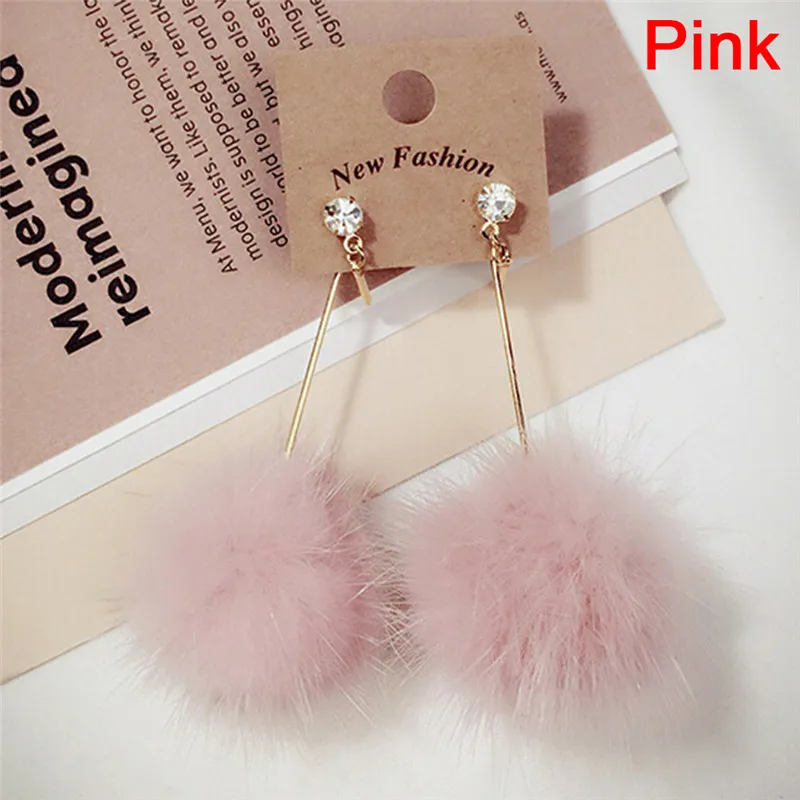 Boucles d\'oreilles longues pendantes avec pompon doux pour femme, boule de fourrure de lapin, boucle d\'oreille en cristal, bijoux mignons, cadeau de