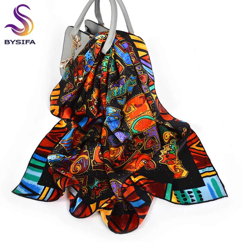 [BYSIFA] Cartoon Cat White Scarves Fashion Brand 100% Silk Scarf Shawl Printed Fall Winter Top Grade Women Scarves Wraps 88*88cm