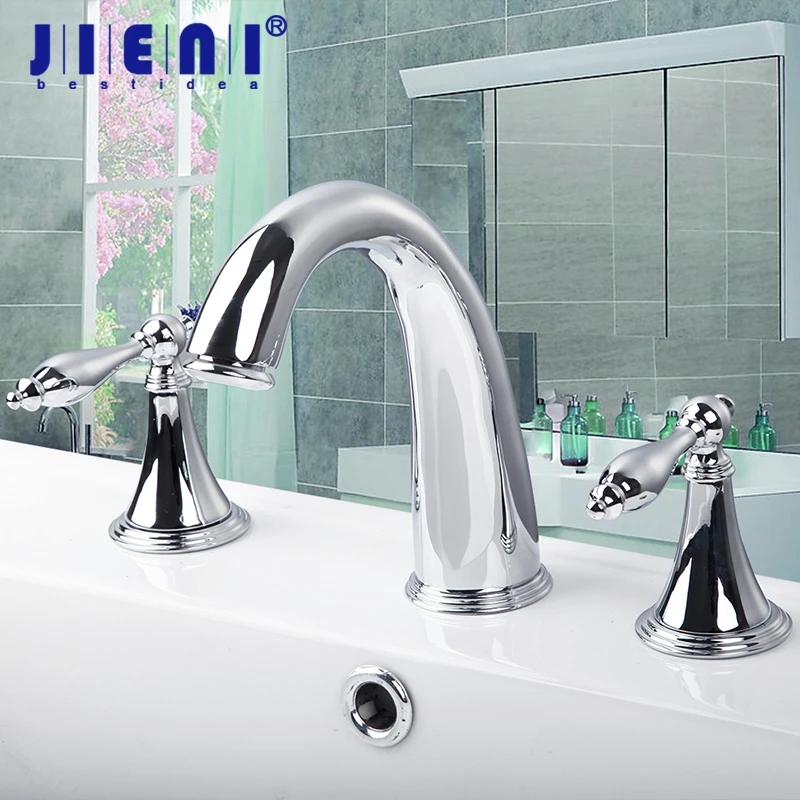 

JIENI Brass Bathroom 3 Pieces Faucet Set Deck Mounted Chrome Stream Double Handles Bathroom Bathtub Basin Sink Mixer Tap Faucet