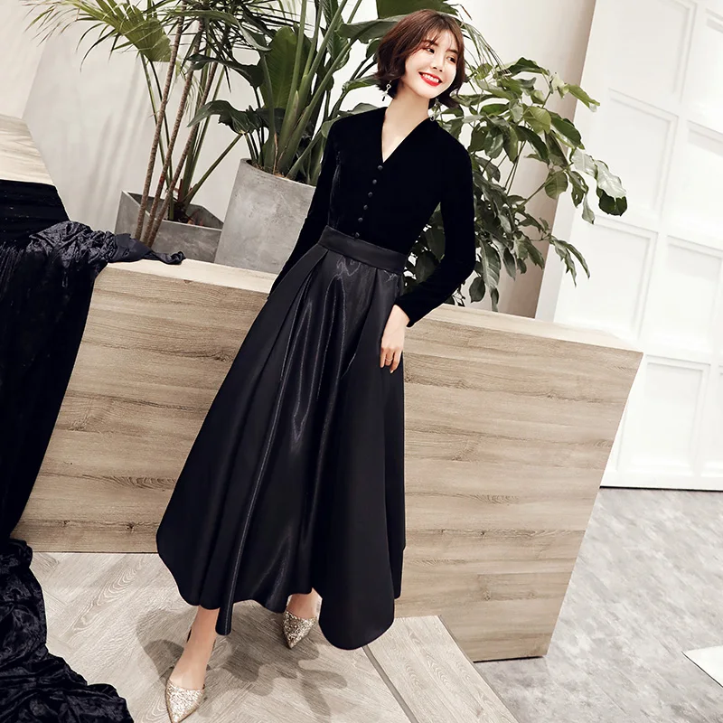 Wei yin-Vestidos de Noche de terciopelo negro para mujer, vestidos formales sexys de manga larga con cuello en V, Estilo Vintage, baratos, WY1547, 2023