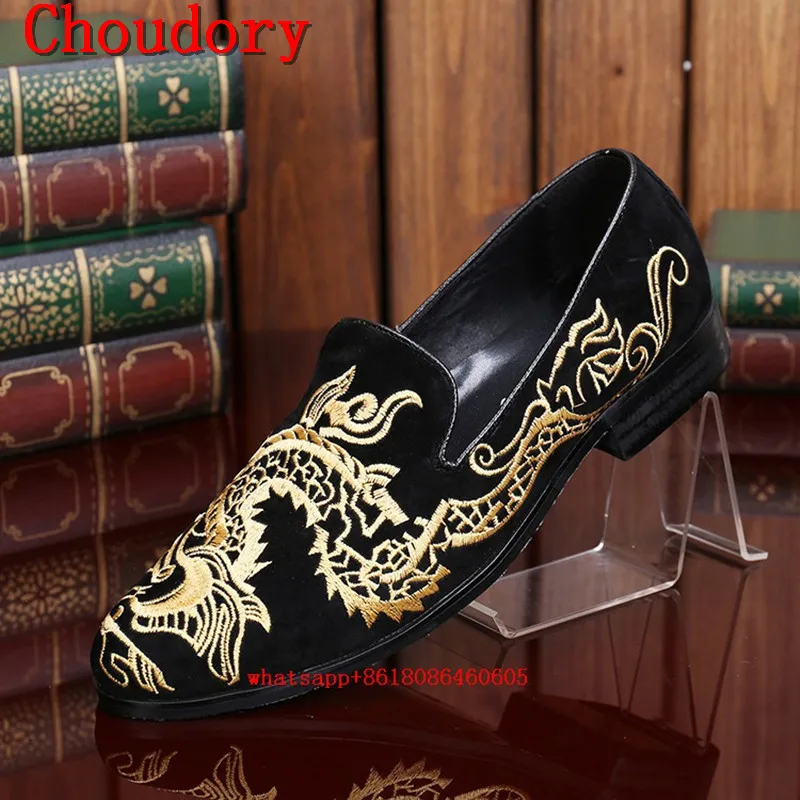 Choudory Korean Style Loafers Embroidery slip-on Flats Velvet Slippers Dress Smoking Mens shoes Elevator Oxfords sizing12