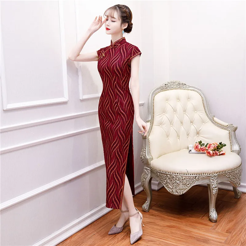 

Red Vintage Satin Qipao Summer Lady Traditional Chinese Style Cheongsam Dresses Short Sleeve Long Qipao Wedding Dress
