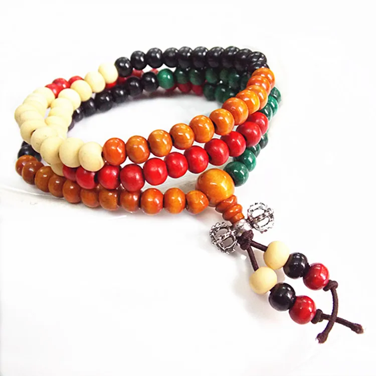 Fashion Vintage Tibet Ethnic Handmade Colorful Dia 6mm Wooden Beads Rosary Four Multilayer Bracelet for Women Men Jewelry