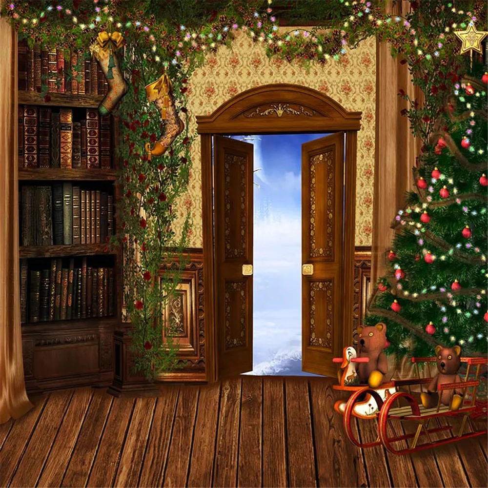 indoor-christmas-tree-photo-backdrop-wood-floor-printed-toy-bear-vintage-bookshelf-outside-winter-scenic-photography-background