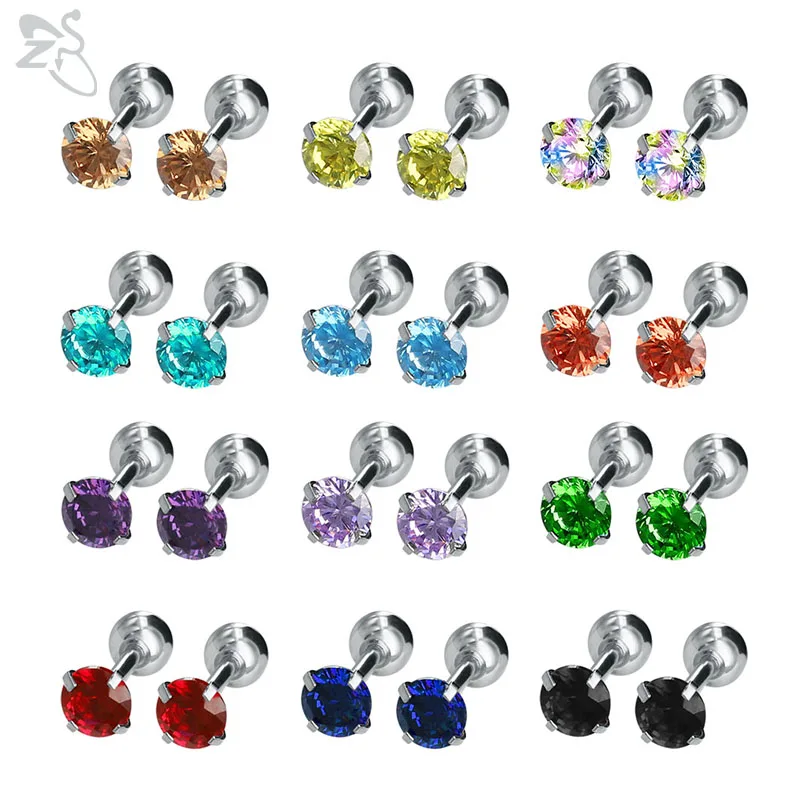 ZS 12pairs/lot Crystal Stud Earring for Women Stainless Steel Female Earring Screw Ball Small Children Earring Pierced Oorbellen