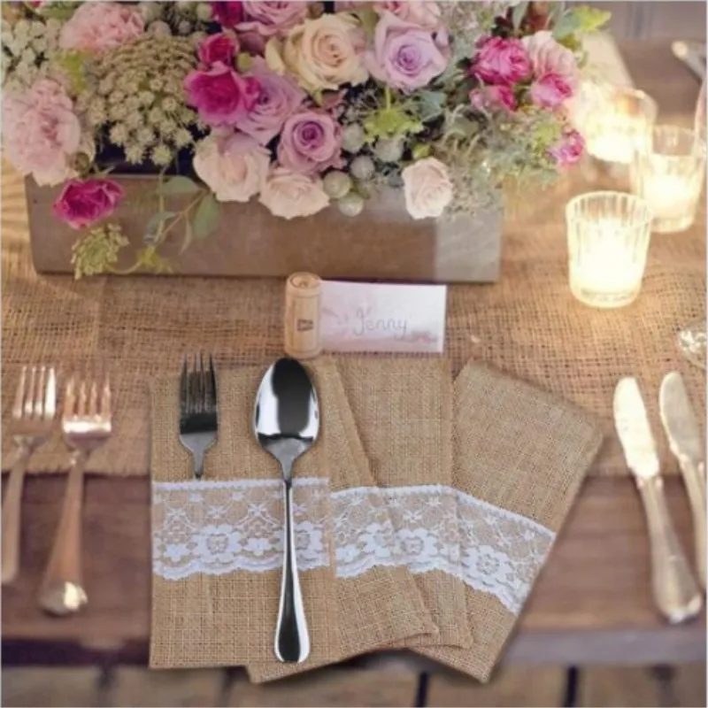 10pcs Natural Jute Burlap Cutlery Holders Packaging Fork and Knife for Wedding , Party Decoration , 4x8 Inch  AA7897