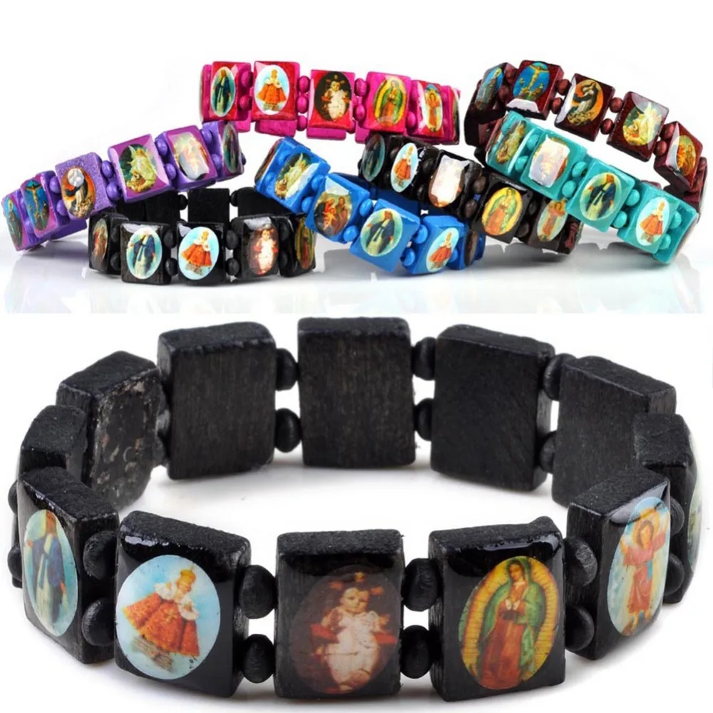 Saints Jesus Religious Wood Catholic Icon Bracelets Unisex Fashion Wood Bracelet Paryer Charm Jewelry 7 Colors