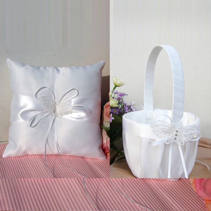 

3Pcs/set White butterfly Decor Wedding Satin Ring Pillow + Girl's Flower Basket +garter for Bridal Decoration Product Supplies