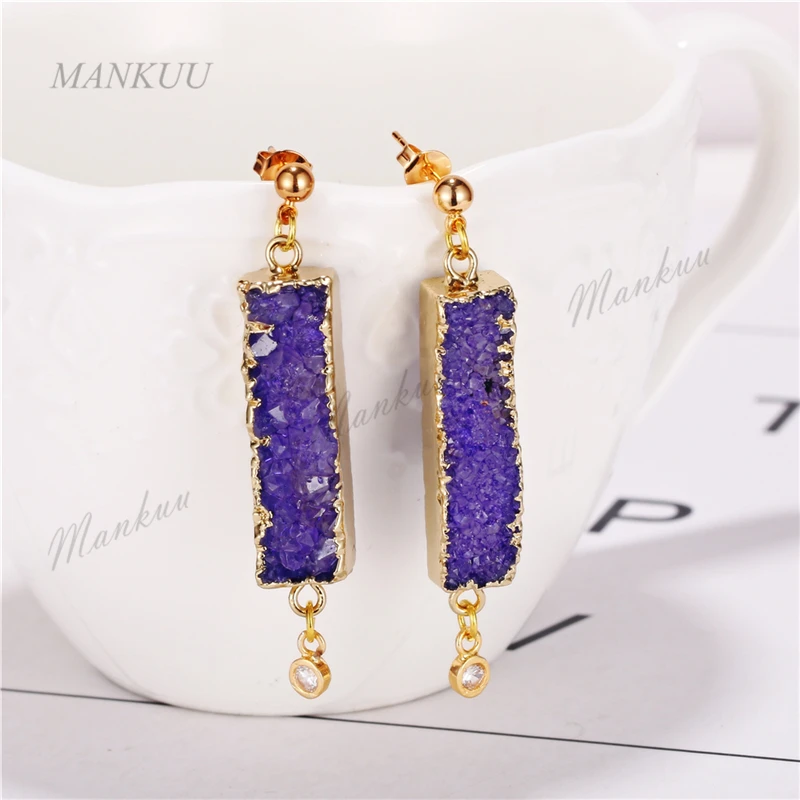 Valentine Gift Women Fashion Jewelry Rectangle Shape Agates Druzy Dangle Earrings Golds Plated Drop Earrings Statement Bijoux