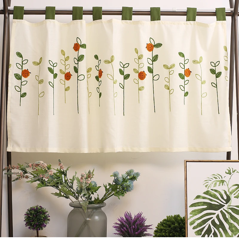 Short Curtain Ladybug Leaves Embroidery Half-Curtain Linen Coffee Small Dustproof Curtain for Kitchen Cabinet Door Tab Top style