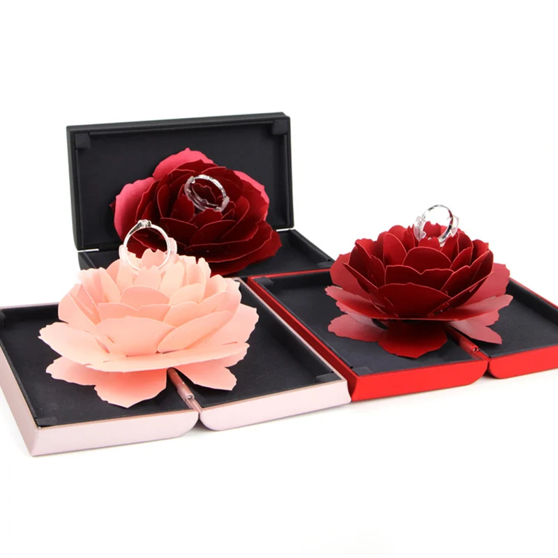 Wedding Marriage Rotating Rose Ring Box Lovely Velvet Wedding Engagement Box For Ring Jewelry Storage Display Gift Box Holder image 3