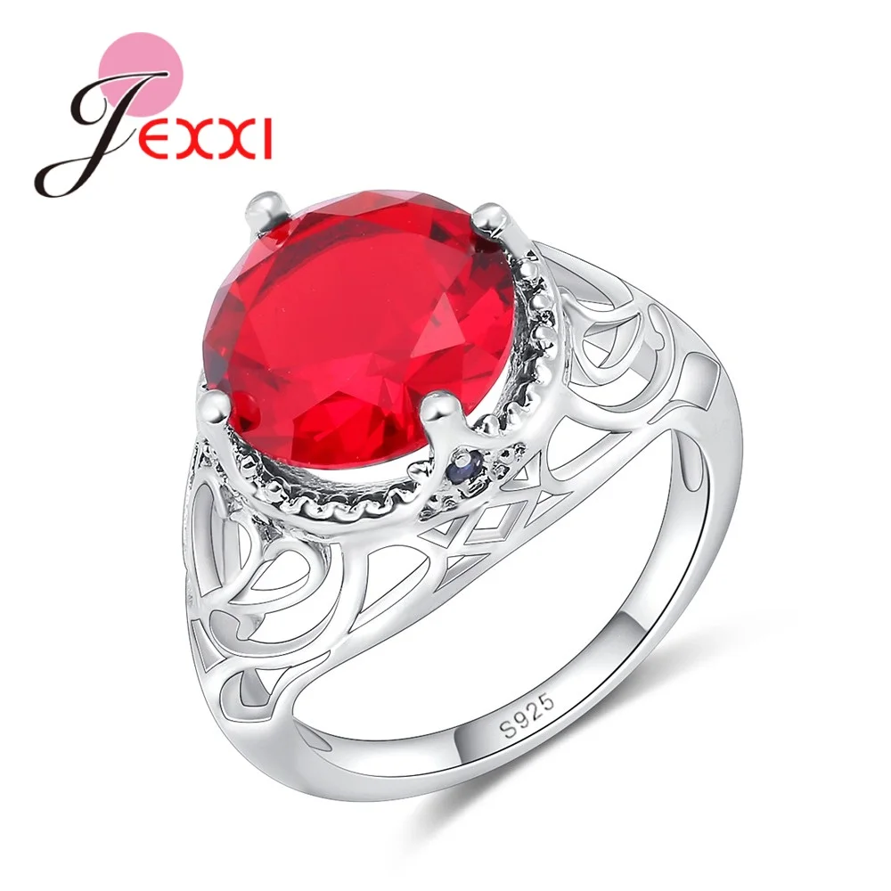 Elegant Princess Jewelry Sparkly Red Crystal Ring with Fashion Hollow Flower Band 925 Sterling Silver  Round Bijoux