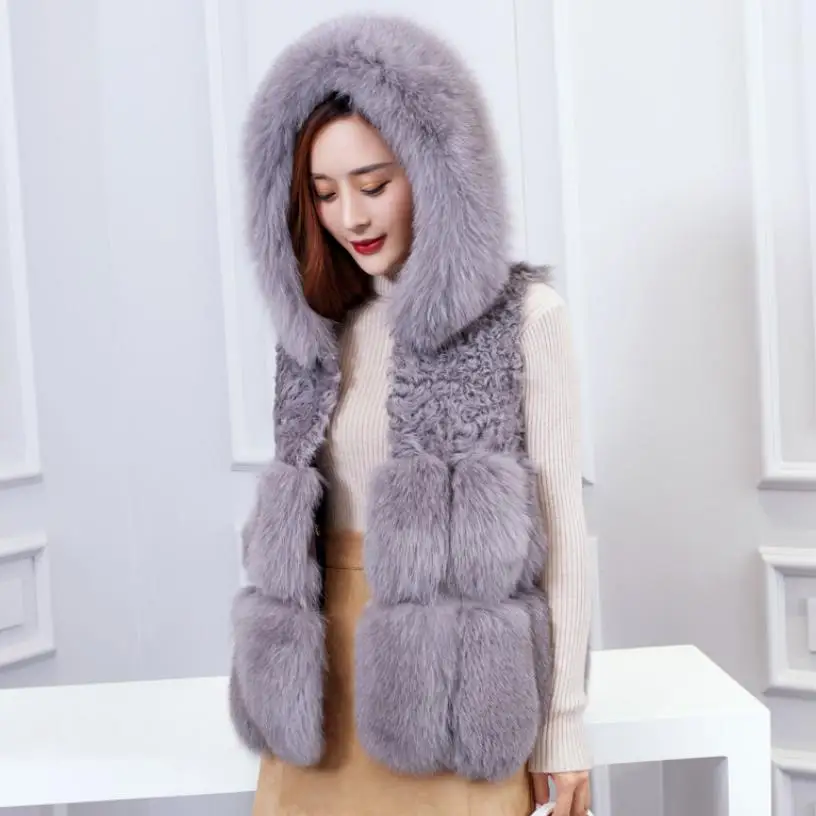 Winter fashion women's hooded jacket Faux fur vest coat Fake fur waistcoat female sleeveless patchwork fur outerwear L1087