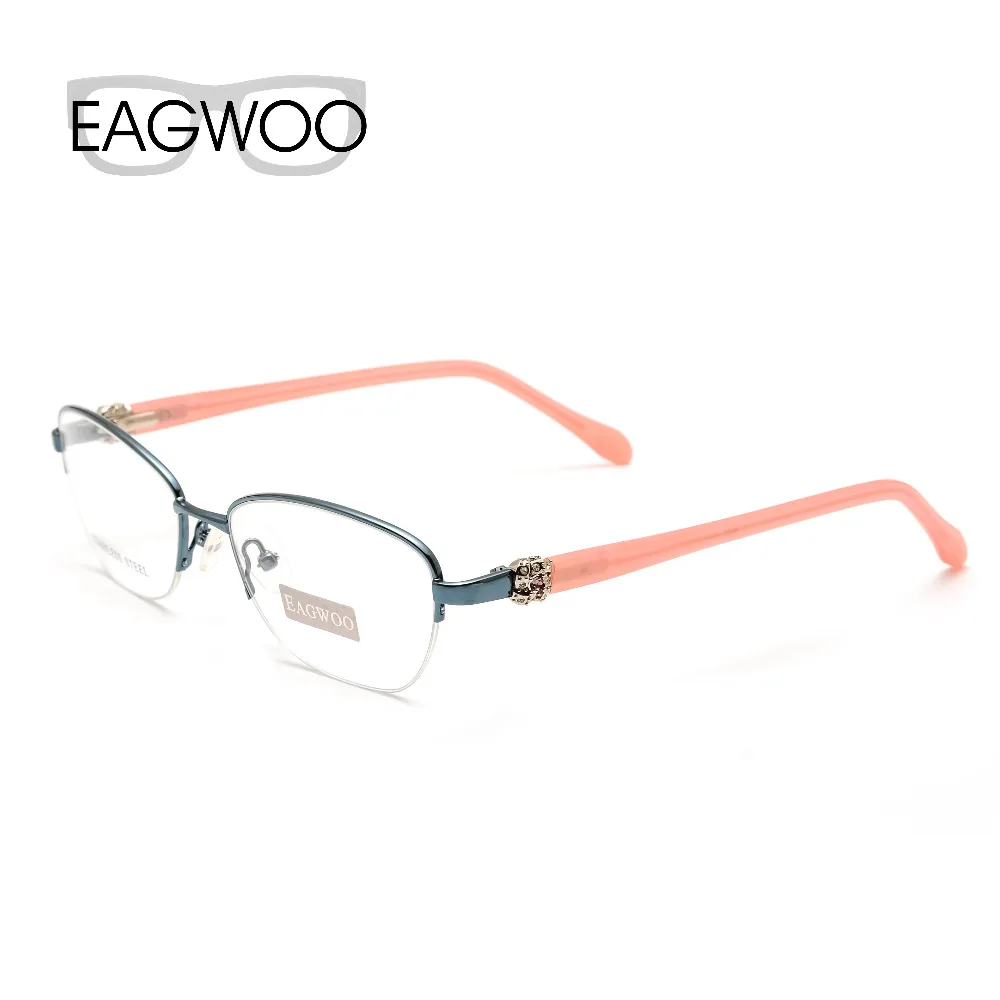 EAGWOO Women Vintage Designed Diamond Eyeglasses Half Rim Optical Frame Prescription Brand Eye Glasses Green Pink Blue 7815