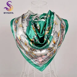 [BYSIFA] Silk Scarf Winter Women Green White Head Hijab Scarves Shawls New Floral Design Kerchief Bandana Satin Square Scarves