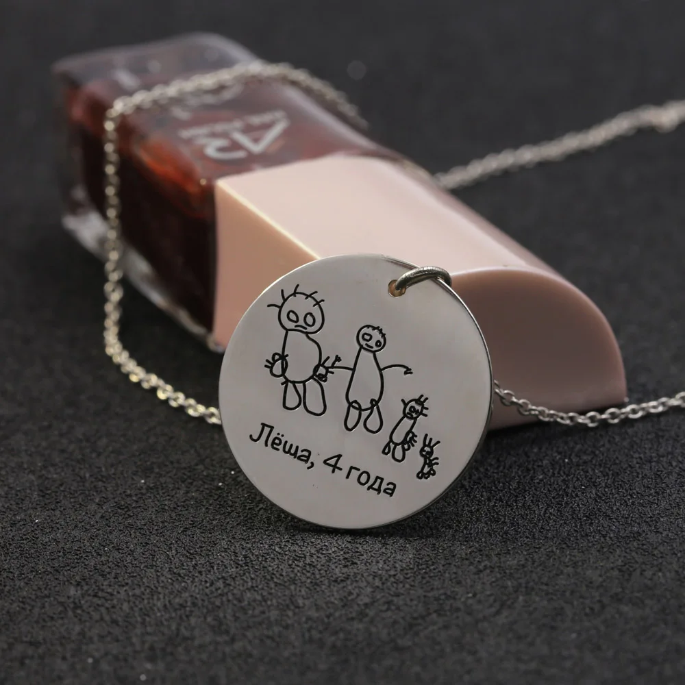 

Round Stamp Handwriting Drawings Necklace 925 Solid Silver Engrave Name Necklace Customized Valentine's Day Gift