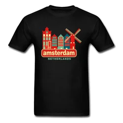 Latest Vintage Amsterdam Netherlands City Print T Shirt Top Quality Cotton Casual Tops T-Shirt Windmill Urban Men Tshirt Fashion