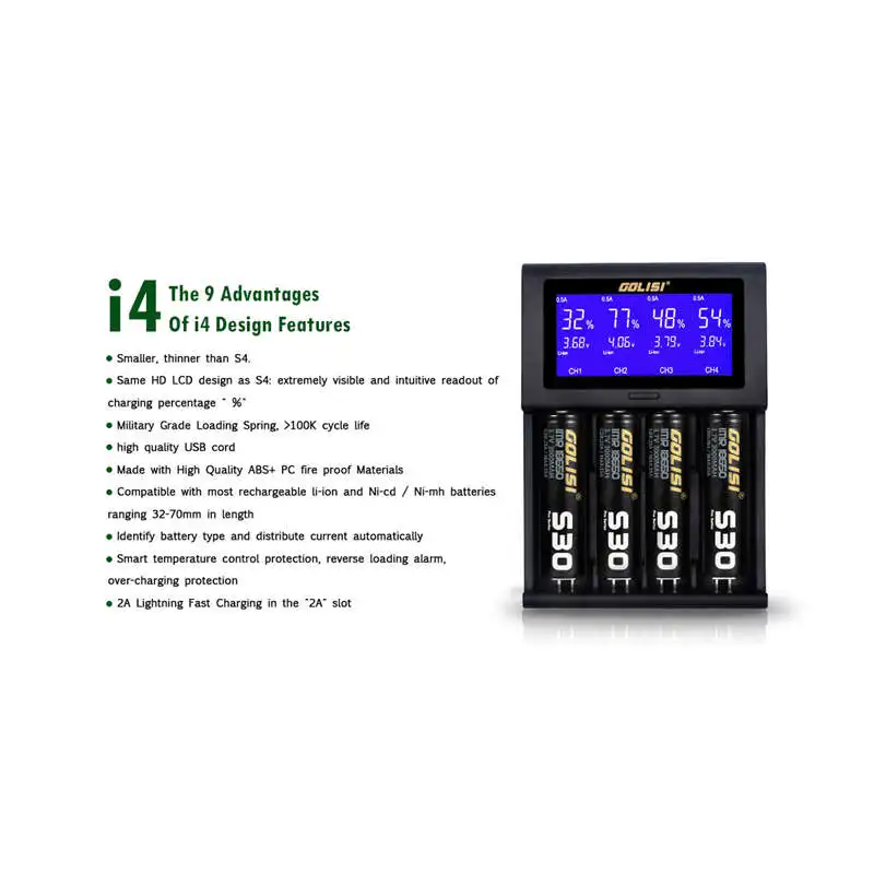 Golisi I4 2.0A Intelligent Lcd Charger Intelligent Fast Battery Charger For Li-Ion 18650 26650 20700 Aa Aaa Rechargeable Batte