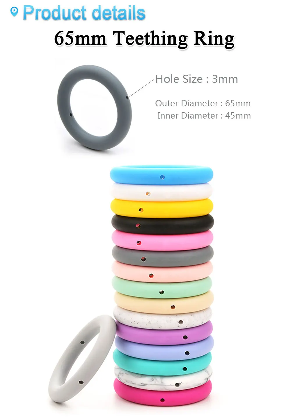LOFCA Beißring, 65 mm, Silikonperlen, 3 Stück, Baby-Charm, Beißring, Halskette, Schnullerherstellung, BPA-frei, lebensmittelechter Silikonschmuck – Detail 1