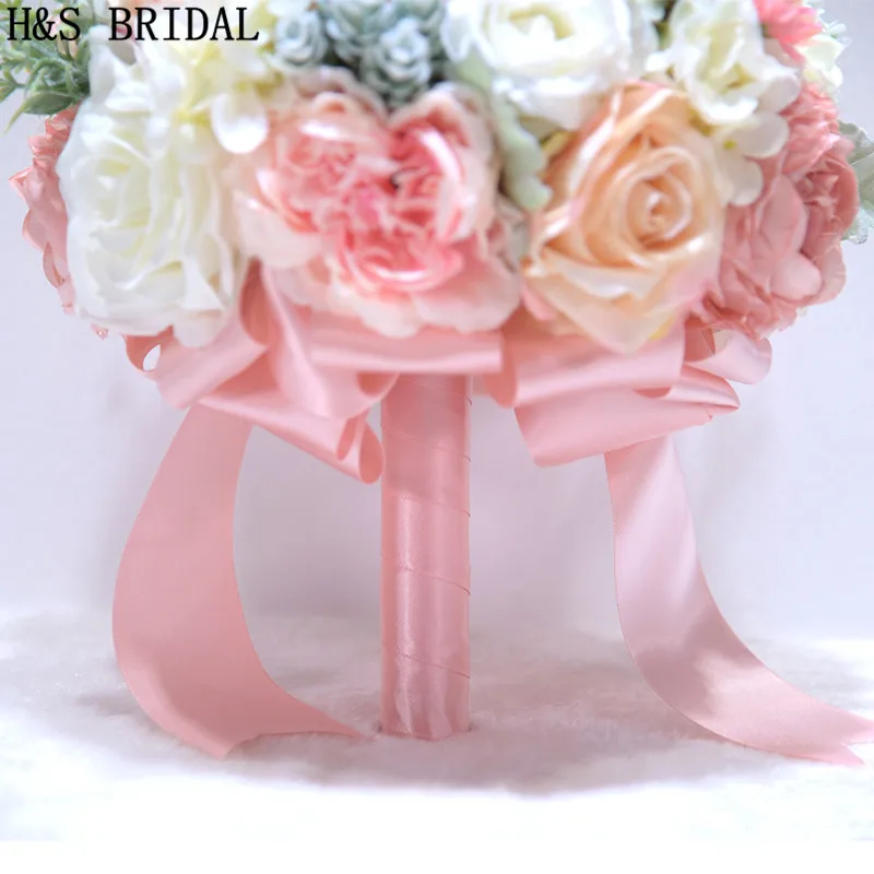 H & S BRIDAL 핑크 신부 꽃다발 자주색 꽃다발 De Mariage 신부를위한 인공 빈티지 결혼식 꽃다발 2020 신부 들러리 꽃