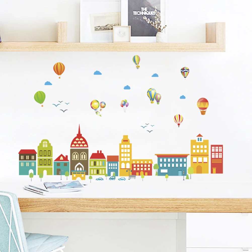 Balloons White clouds city building wall stickers For kids rooms decals children bedroom kindergarten Decoration art wall Decals