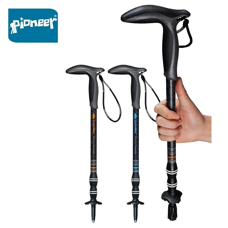 1 Pcs Pioneer T-handle Carbon Fiber Walking Stick Telescopic Quick Lock Ultralight Trekking Pole 49cm-100cm