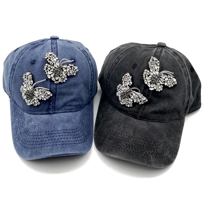 GZHilovingL Women Butterfly Diamond Beads Baseball Caps Summer Casual Wash Cotton Adjustable Baseball Caps For Women ladies Caps