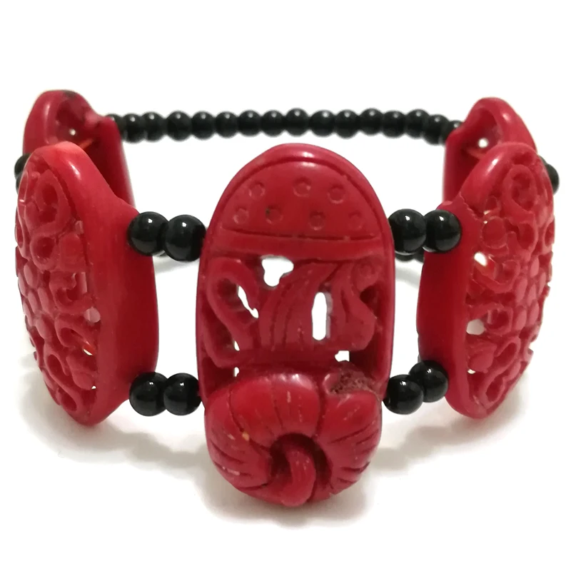 7 inches Elastic 20*30mm Red Hollow Out Flower Carved Natural Coral & Black Onyx Bracelet