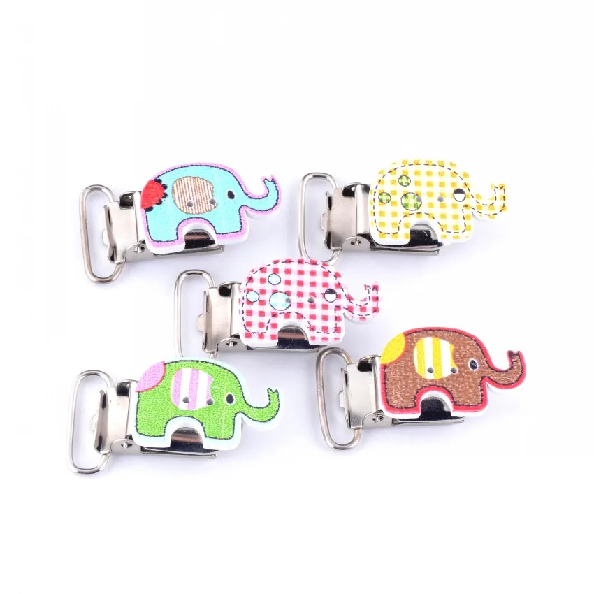 10Pcs Baby Pacifier Clips Wood Cartoon Elephant Pattern Random DIY Mixed Color Cute Infant Soother Clasps 49x19mm