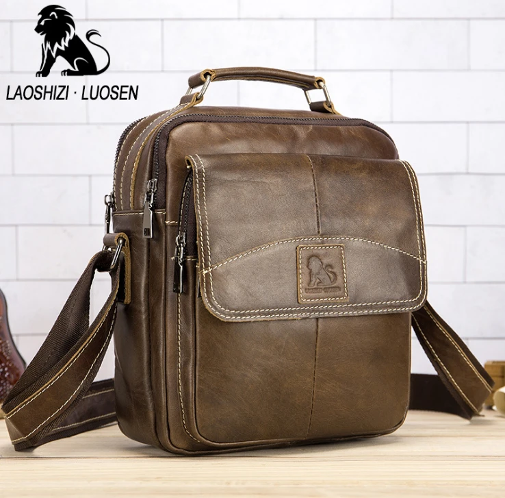 LAOSHIZI LUOSEN Men\'s Genuine Leather Shoulder Messenger Bags Male Tote Vintage small Crossbody Bags men Handbag Messenger Bag