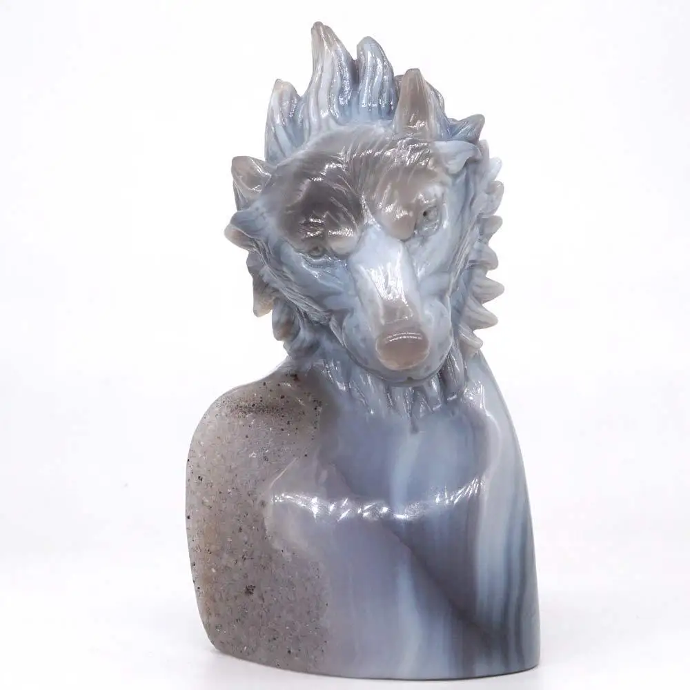 Wolf Head Statue Natural Gemstone Geode Agate Carved Figurine Home Ornament 5.86