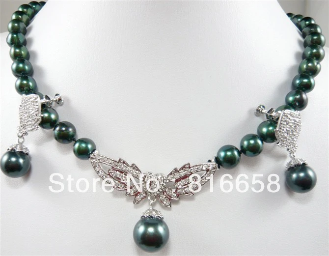 

Beautiful black shell pearl necklace earrings drop set