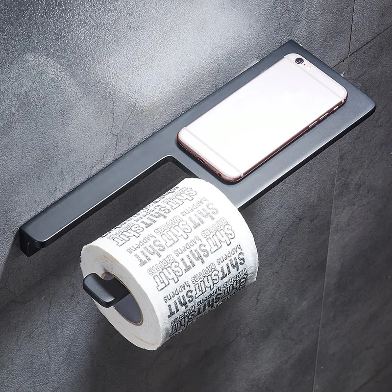 Solid Aluminun Matt Black Toilet Paper Holder Phone Shelf Storage Rack Wall Mounted Bathroom Roll Paper Holder with phone Holder