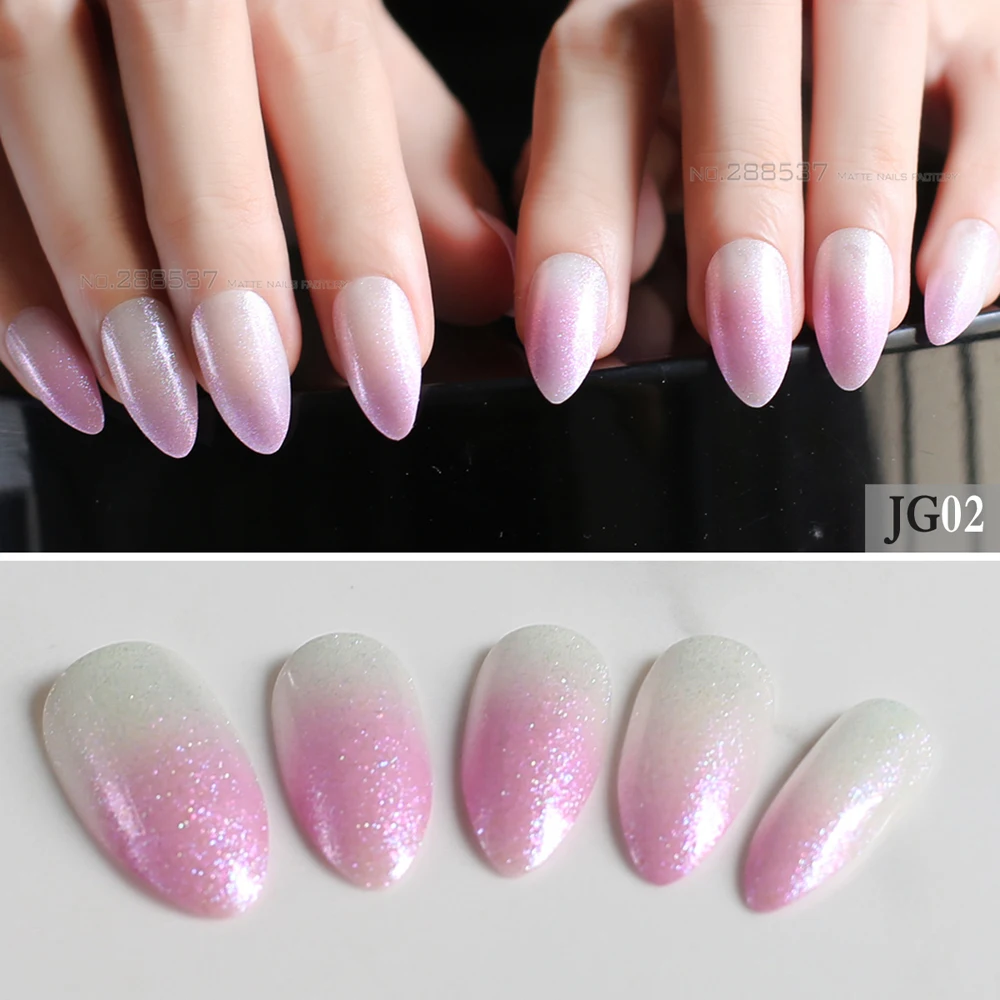 Cute glitter pink white gradient natural fake nails 24pcs full sets end product sharp false nail jelly adhesive nail tabs select