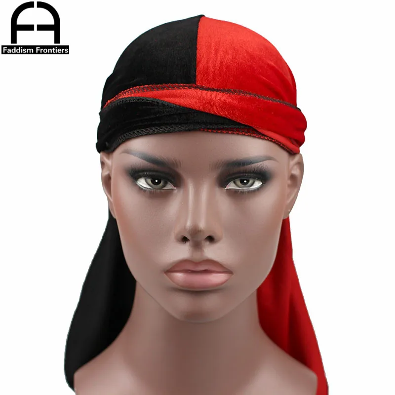 Luksusowa męska aksamitna, patchworkowa Durags bandany Turban Two Tone aksamitna Durag Biker nakrycia głowy opaska z kapeluszem akcesoria do włosów
