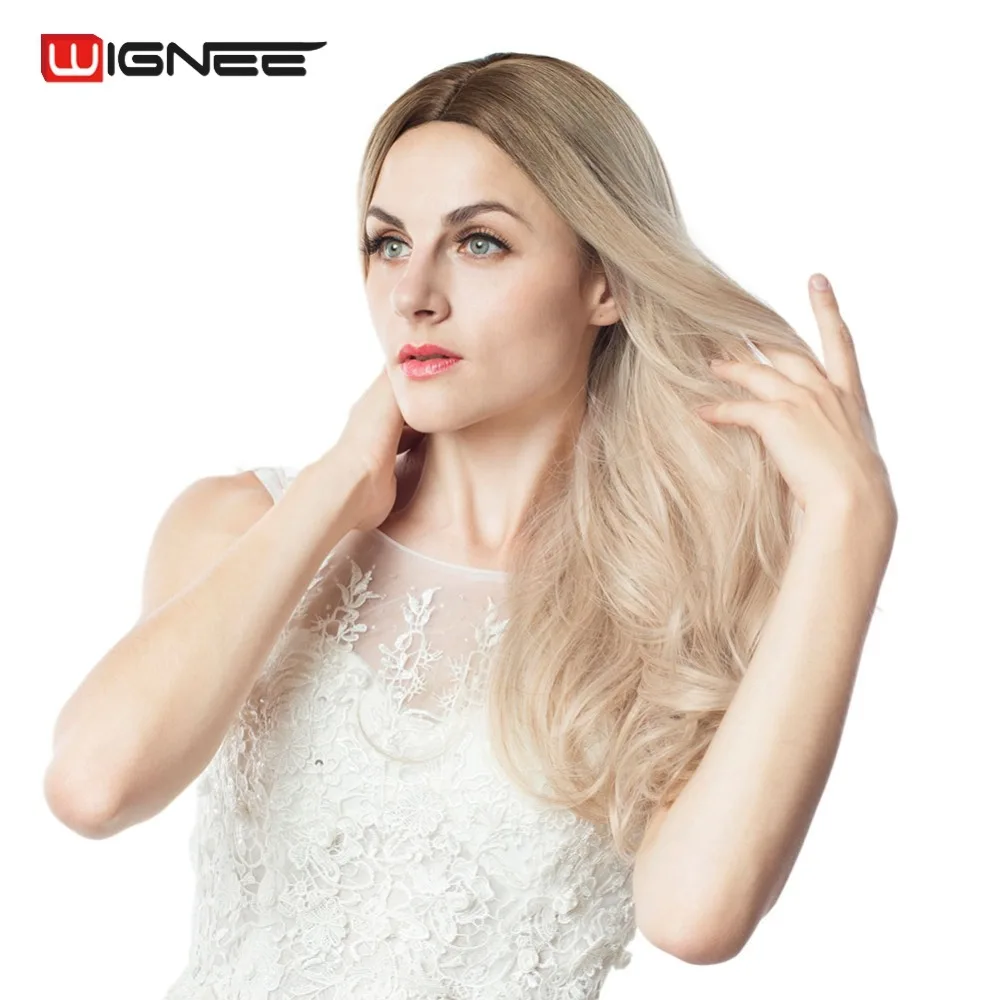 Wignee Lange Synthetische Pruiken 2 Tone Ombre Bruin Ash Blonde Hittebestendige Voor Vrouwen Lijmloze Golvend Dagelijks/Cosplay Natuurlijke haar Pruiken