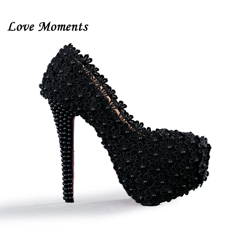 Black flowers Pearl bridal shoes 11cm/14cm High heels round toe fashion women's wedding shoes Ladies Summer Party Pumps female image 3