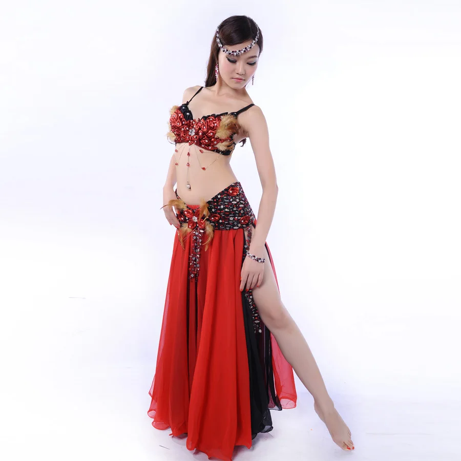 Stage Performance Belly Dancing Costumes Oriental Style Rhinestone Bra with Feather, Tassel Belt Chiffon Skirt Belly Dance 3pcs