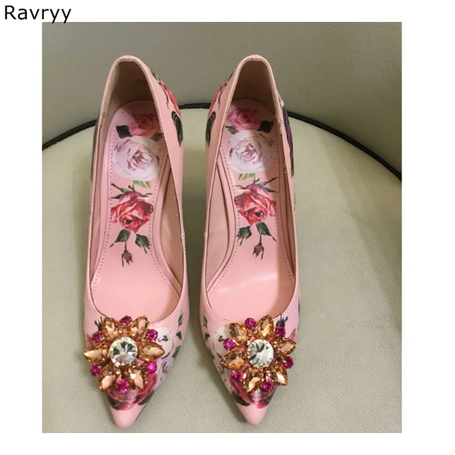 Crystal Woman's high heels flower paint sexy pump pink female wedding party dress shoe pointed toe slip-on stilettos single shoe