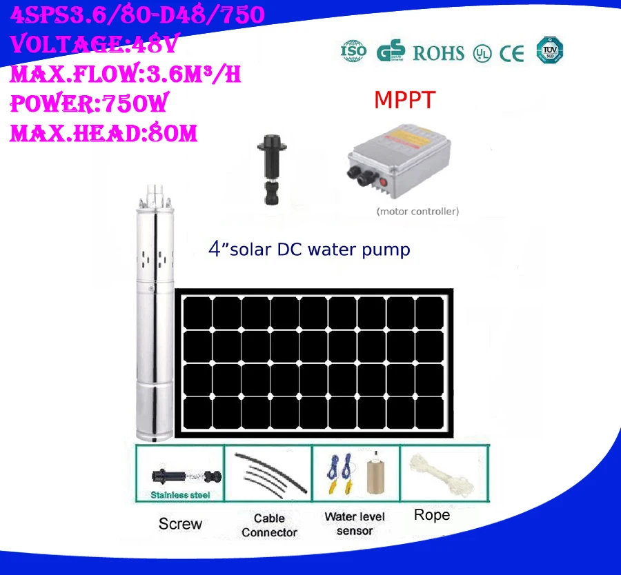 DC48v 750w Solar Water Pump For Garden Agricultural Irrigation Watering 3 Years Warranty 4SPS3.6/80-D48/750