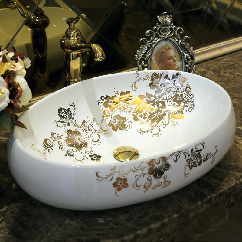 Oval Shape Europe style chinese wash basin vessel sinks Jingdezhen Art Counter Top ceramic basin sink ceramic washbowl