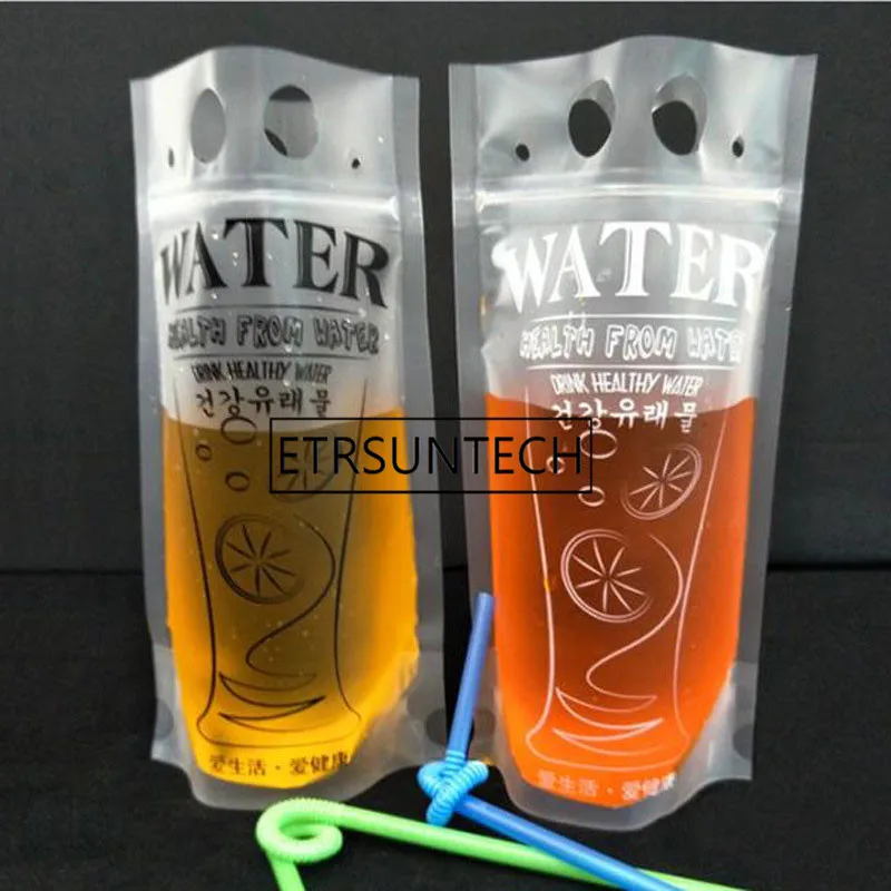 

2000pcs Plastic Frosted Clear Drink Packaging Bag Pouch for Beverage Juice Milk Coffee, with Handle and Holes for Straw